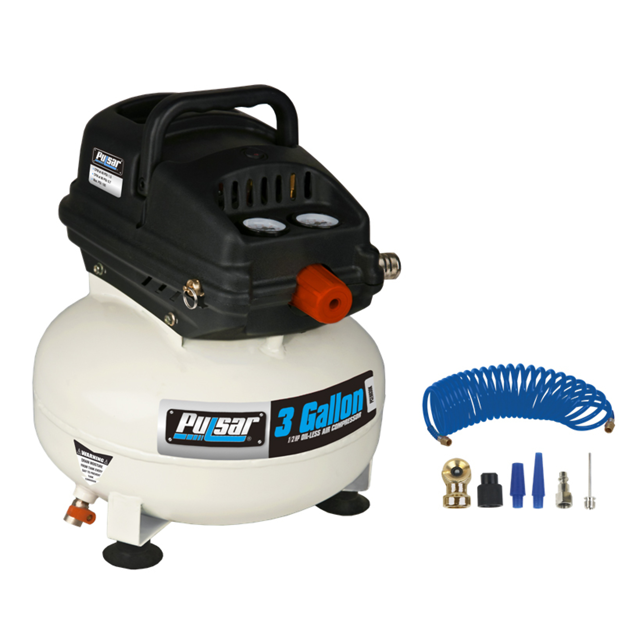 Pulsar Pancake Air Compressor — 3 Gallon, 1/3 HP, 100 PSI, Self-Lubricating, Air Hose & 6 Accessories, Model# PCE6031PK